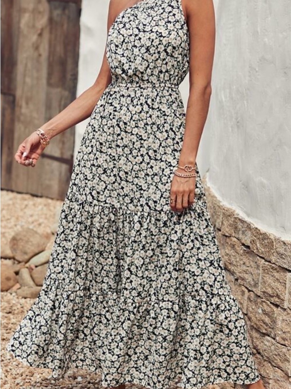 Floral One-Shoulder Maxi Dress in Black and White
